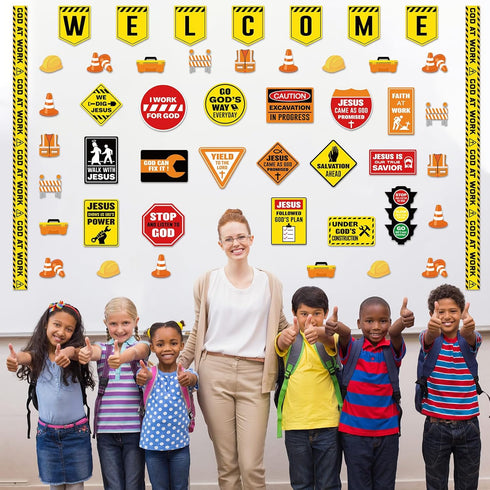 67 Pieces Christian Construction Classroom Decorations Religious Welcome Bulletin Boards Cutouts for Preschool Elementary School Motivational Scri...