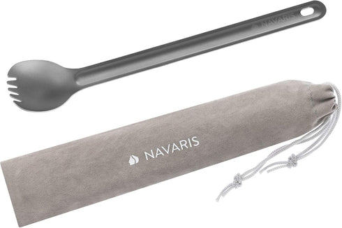 Navaris Long Handle Titanium Spork - 8.4" (21.5cm) Long Metal Utensil for Backpacking and Camping - Extra Strong and Lightweight - Includes Carry ...