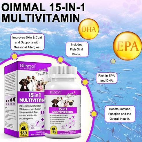 Dog Multivitamin Treats - 15 in 1 Multivitamin Tablets for Dogs with Glucosamine, Cranberry, Milk Thistle, Vitamins Supports Joint & Digestion, Sk...