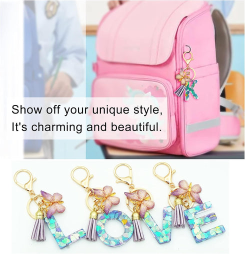 Initial Letter Keychains for Girls Women Pink Purple Green Cute Butterfly Heart Keychain for Backpack School Bag...