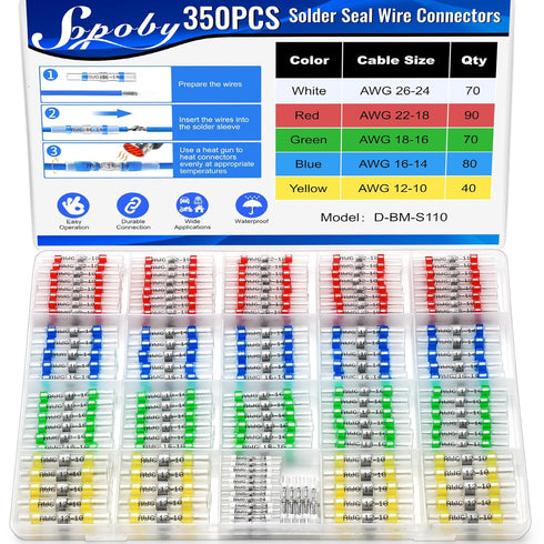 350PCS Solder Seal Wire Connectors, Self Soldering Heat Shrink Butt Connector Solder Sleeve Waterproof Insulated Electrical Butt Splice Wire Termi...