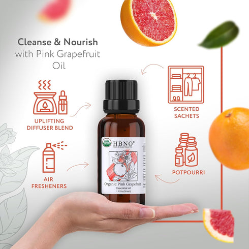 HBNO Organic Grapefruit Essential Oil - 1 oz (30ml) - USDA Certified Organic Grapefruit Essential Oil, Cold Pressed for Aromatherapy, Soap Making,...