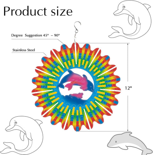 Dolphin Wind Spinners, 12 inch 3D Stainless Steel Hanging Wind Spinner Dolphin Gifts for Women/Men, Wind Catchers Kinetic Sculpture for Indoor/Out...