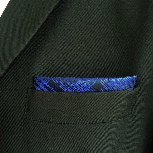 SHLAX&WING Scottish Plaid Mens Silk Pocket Square Blue Designer for Suit Jacket...