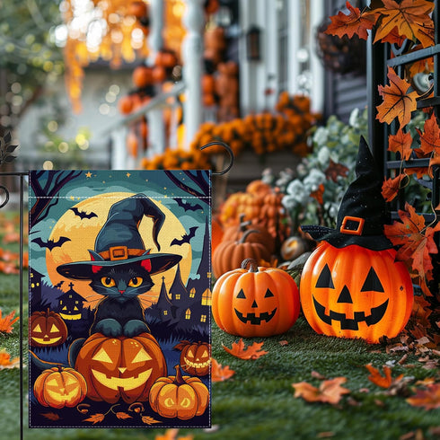 Halloween Cat Garden Flag, 12x18 Inch Double Sided Burlap, Halloween Scary Pumpkin Garden Flag, Holiday Outdoor House Decoration?Lawn Flag Yard Fl...
