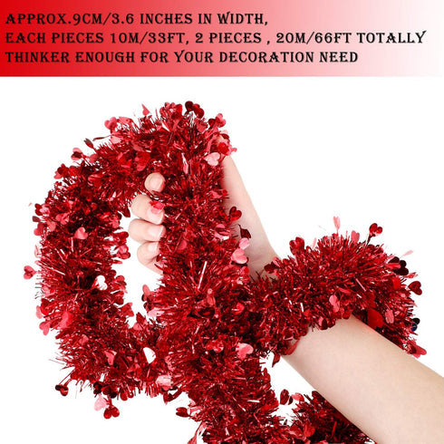 Boao 66 Feet Valentine's Day Tinsel Garland Decoration Red Heart Tinsel Garland Shiny Hanging Metallic Ornaments for Valentine's Day Wedding Decor...