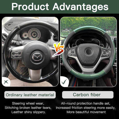 XCBYT Car Steering Wheel Cover Green - Universal Fit 14.5-15 Inch Carbon Fiber Steering Wheel Cover Sport Style with Anti-Slip Microfiber Leather ...