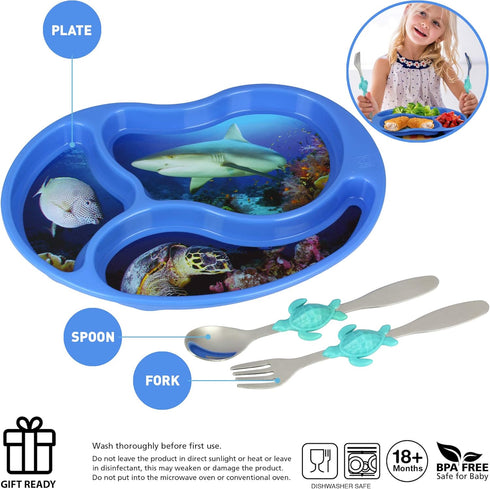 Kids Divided Plate with Utensils - Children's Meal Set with Plate, Fork and Spoon - Ocean...
