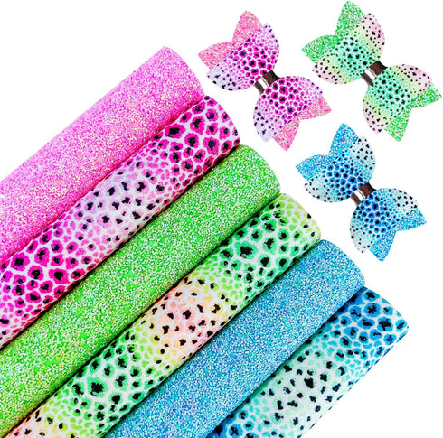 10pcs Colorful Rainbow Leopard Printed Faux Leather Sheets 8x12 inch Shiny Candy Color Glow in The Dark Chunky Glitter Girl Fabric for Bows (Rainb...
