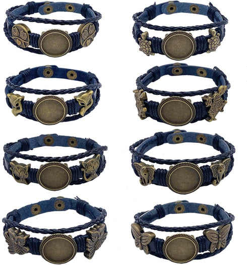 MIAO JIN 8PCS Braided Leather Bracelet Making Kit 18mm Blank round Cabochon Bezel Tray Button Adjust Leatherette Multilayer Rope Bangle Cuff Wrist...