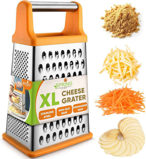 Spring Chef Handheld Stainless Steel XL Parmesan Cheese Grater with Handle - 4 Sided Manual Box Grater for Kitchen - Dishwasher Safe Cheese Shredd...