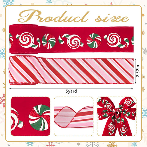 2 Rolls Christmas Ribbon for Wreath Bows Wrapping Gifts, Red Pink Candy Cane Ribbon for Gift Wrapping Party Supplies Decoration DIY Crafts 2.5" X ...