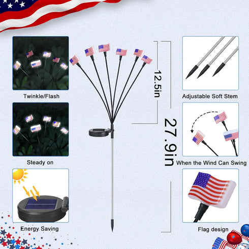 KNONEW 2Pack Solar Garden Lights Decoration, 12LED Solar Outdoor Lights, Solar American Flag Lights, Waterproof Solar Lights for Patio Pathway Out...
