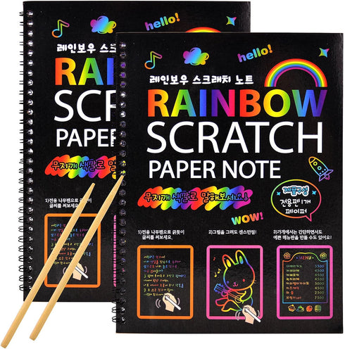 MEMX Scratch Art Books for Kids, 2 Pack Rainbow Magic Scratch Paper Black Scratch it Off Art Crafts Notes Boards Sheet with 2 Wooden Stylus for Be...