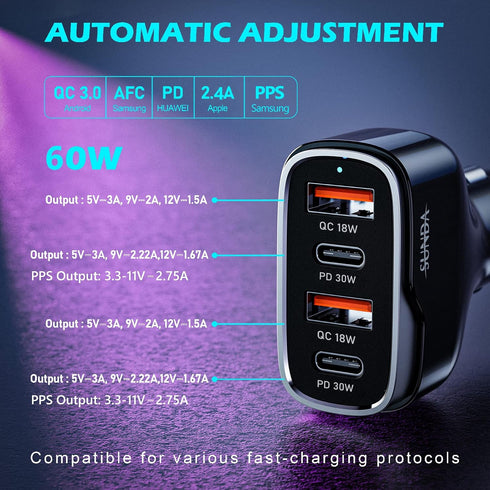 SUNDA 60W USB C Fast Car Charger | 4-Ports Car Charger Adapter | Dual Type C PD30W/PPS30W Compatible with iPhone15/14 Pro/Max/iPhone13/Galaxy/Sams...
