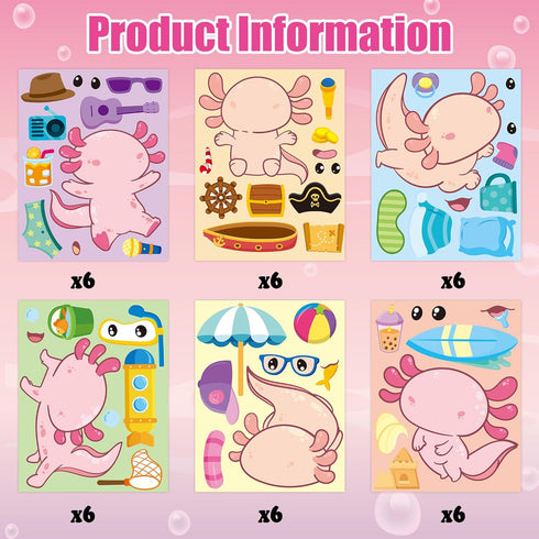 Axolotl Make a Face Sticker - 36Pcs Make Your Own Cute Axolotl Stickers Games, Pink Animal Mix and Match Art Craft Party Favor for Girls Boys Kids...