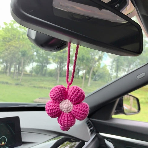 Car Rear View Mirror Accessories, Cute Crochet Flower Car Decor, Handmade Knitted Car Hanging Accessories for Women ?Pink?...