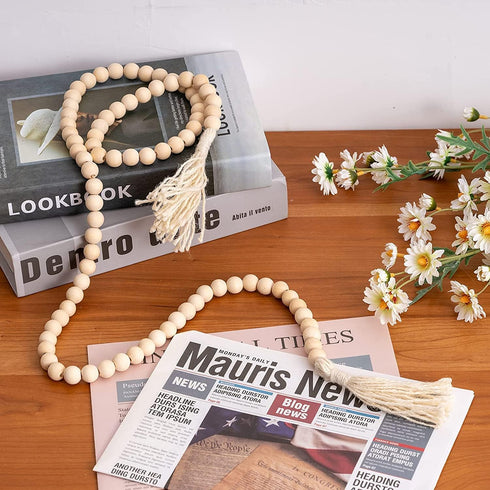 DECORKEY Wooden Beads, 58 Inch Farmhouse Wood Beads Garland for Boho Decor with Tassels, Rustic Country Decor for Coffee Table, Home, Living Room,...