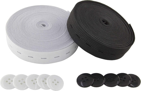 Flat Sewing Band Spool with Buttonholes, Elastic Stretchable, Ideal for DIY Waistbands and Necklines (Black & White, 3/4" × 5 Yds Each)...