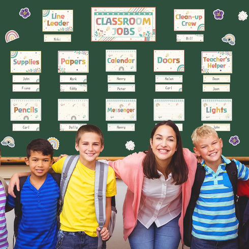 104 Pcs Classroom Jobs Bulletin Board Set Rainbow Bulletin Board Class Jobs Chart Set Cutout Teacher's Helper Chalkboard Decor for for School Wall...