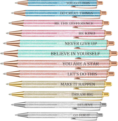 12 Pcs Quotes Sparkly Fancy Pen Inspirational Glitter Ballpoint Pen with Motivational Messages Cute Pens Metal Inspirational Metal Black Ink Pens(...