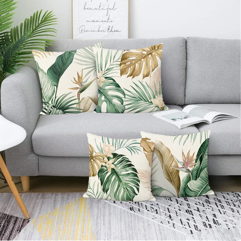 Bonhause Tropical Leaves Throw Pillow Covers 18 x 18 Inch Green Brown Leaf Decorative Pillow Cases Polyester Linen Outdoor Cushion Covers for Sofa...