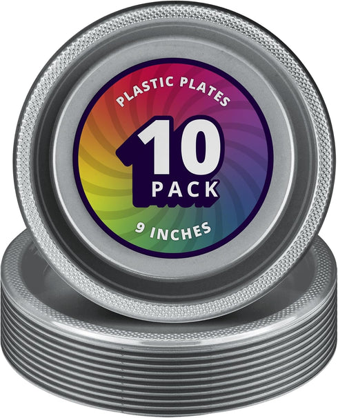 DecorRack 10 Large Plastic Plates, 9 inch Dinner Plates, Disposable Tableware for Kids Birthday Party, Silver (Pack of 10)...