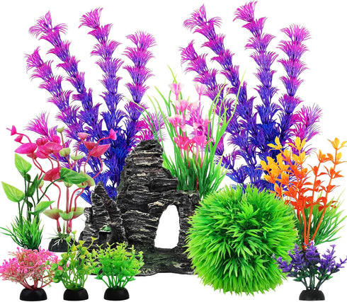Aquarium Decorations Fish Tank Artificial Plastic Plants, 12pcs Aquarium Decor Plants and Cave Rock Decoration Set Hideout Ornaments, Fish Tank Ac...