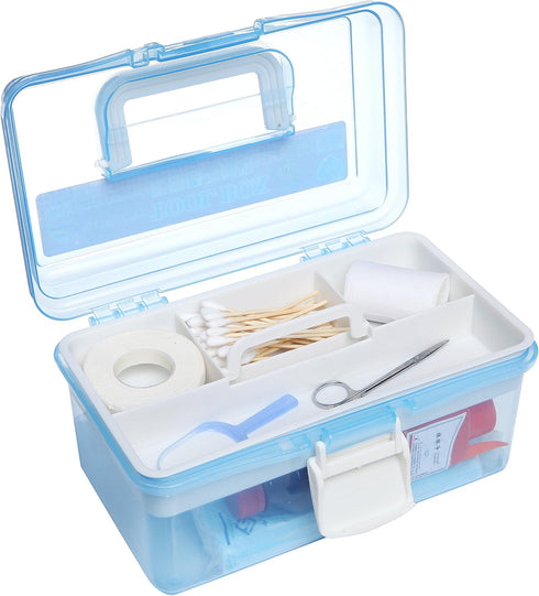 MyGift 10 Inch Portable First Aid Storage Box Transparent Blue Plastic Case, Tool Box, Sewing Box Organizer, Travel Kit Box with Removable Tray, C...