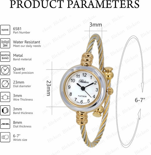 Blekon Collections Women's Cuff Watch - Round Analog Display Arabic Numbers 23mm Case Wire Bracelet Watch for Women Elegant Cable Cuff Bangle Wris...
