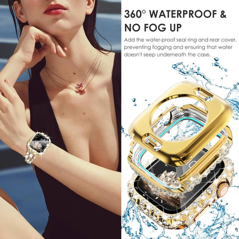Surace Gold Apple Watch Bands 45mm for Women Series 9 8 7, Bling Diamond Rhinestone Link Bracelet with 2 in 1 Waterproof Bling Case Lace Edge Diam...