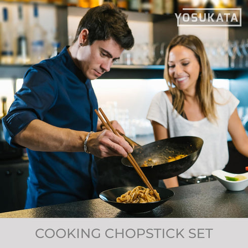 YOSUKATA Reusable Natural Wooden Long Cooking Chopsticks Set of 3 pairs: 11.8 inch, 13-inch, 14.2 inch Brown Long Wok Wooden Chopsticks Reusable...