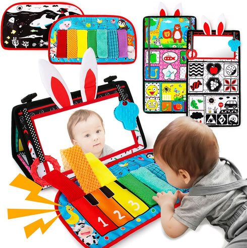 Tummy Time/Baby Mirror Toys, Black and White High Contrast Tabletop Mount Baby Newborn Toys 0 3 6 Months Brain Development, Sensory Texture Piano ...