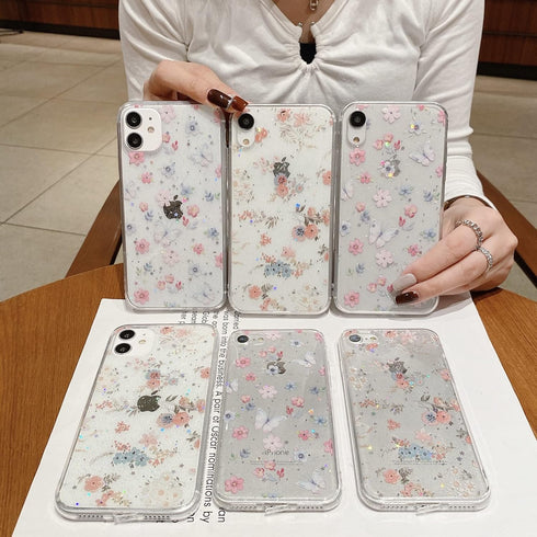Compatible with iPhone XR for Women Girls,Cute Clear Sparkly Bling Star Flowers Pattern Phone Case Glitter Soft Slim Fit Protective Cover for iPho...