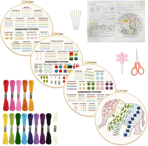 INFUNLY 4 Set Stitches Embroidery Kit for Adults Elephant Cross Stitch Kits for Beginners Stamped Embroidery Kit with Instructions, 2 Embroidery H...