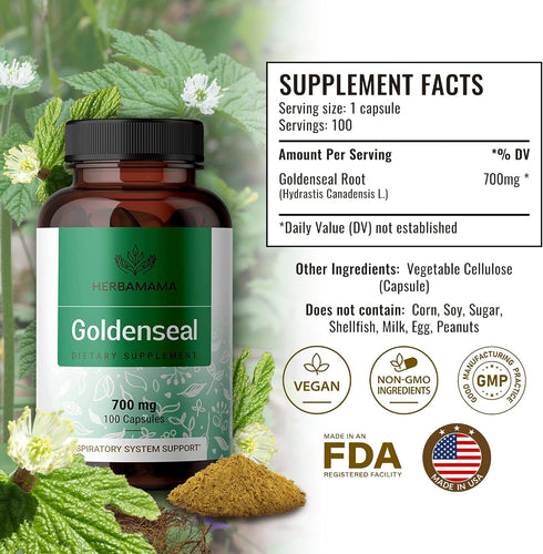 HERBAMAMA Goldenseal Root Capsule Supplement - Organic Goldenseal Herb Powder Pills - Respiratory & Digestive Health Support - 100 Capsules...