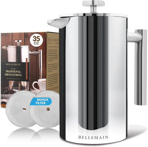 Bellemain French Press Coffee Maker Extra Filters Included, 35 oz, Stainless Steel...