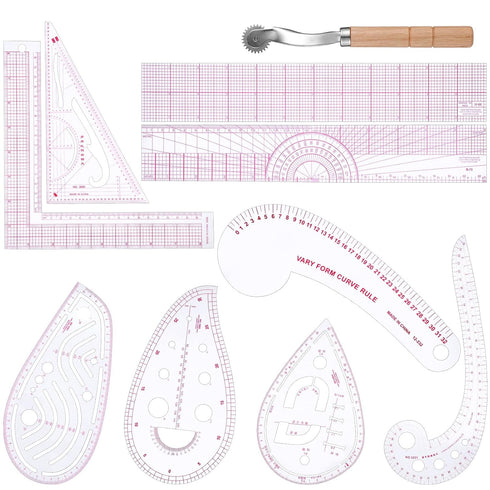 TEHAUX 9pcs Sewing French Curve Ruler Set, Pattern Sewing Rulers Plastic Sew French Curve Ruler Clear Metric Sewing Ruler Set with Tracing Wheels ...