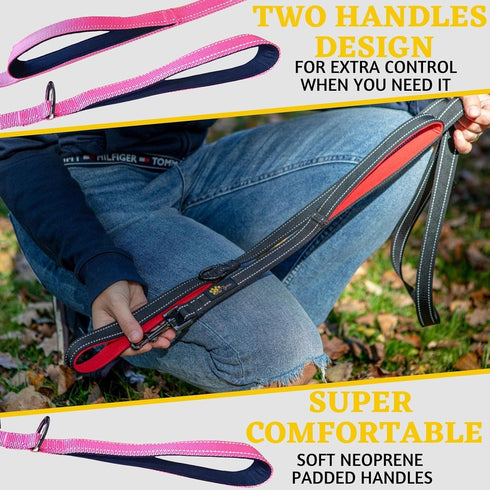 Adityna - Comfortable 6 ft Pink Dog Leash for Small, Medium, Large Dog Breeds - Double Handle Padded with Ultra Soft Neoprene - Heavy Duty, Reflec...