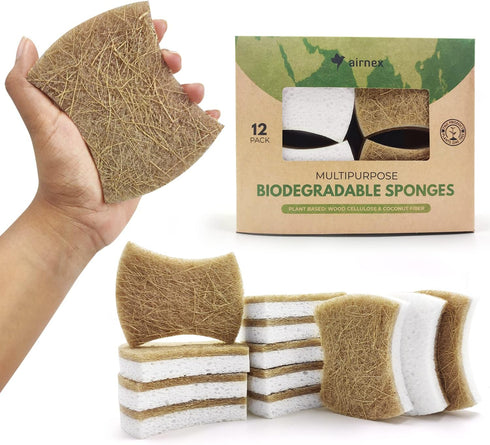 Biodegradable Natural Kitchen Sponge - Compostable Cellulose and Coconut Walnut Scrubber Sponge - Pack of 12 Eco Friendly Sponges for Dishes - Han...
