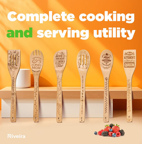 Riveira Modern 6pc Wooden Spoons For Cooking – Great Mother's Day Gift Ideas With Its Unique Design – Wooden Cooking Utensils for Mothers Day Gift...