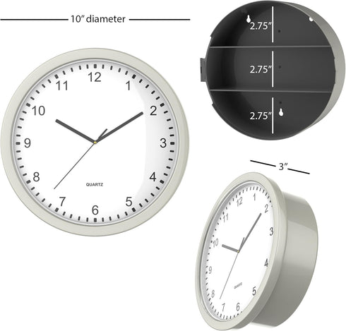 Wall Clock Safe - 10-Inch Battery-Operated Analog Timepiece with Hidden Shelf Storage for Secret Compartment Items and More by Stalwart (Silver/Wh...