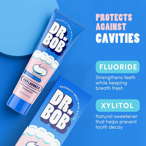 Dr. Bob Unflavored Anticavity Fluoride Toothpaste for Kids, Dentist-Recommended Toothpaste Gel with Xylitol for Sensitive Teeth, SLS-Free, Childre...