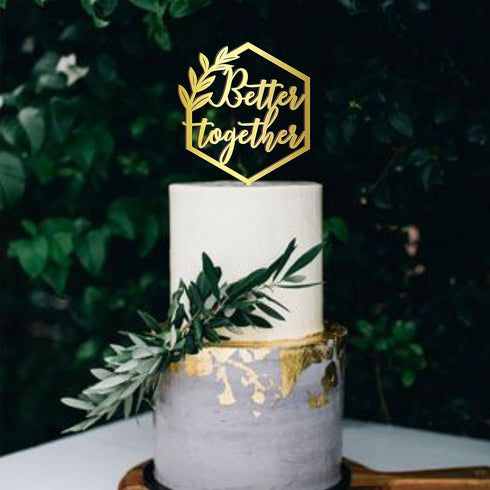 Better Together Cake Topper Hexagon Geometric Wooden Wedding Engagement Party Decoration Happy Birthday Anniversary Gold Silver Brown Natural Wood...