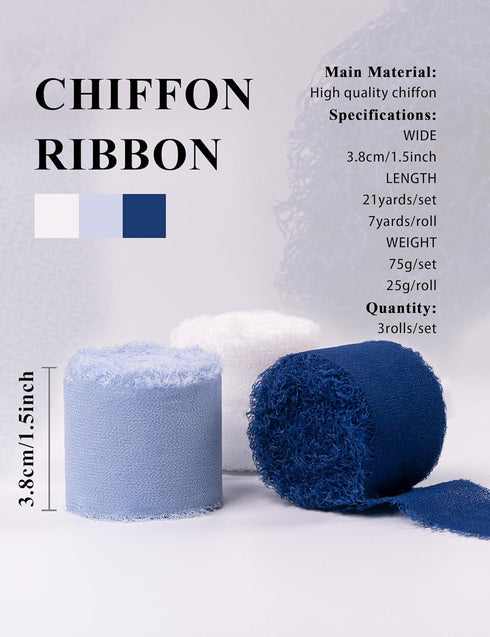 Chiffon Ribbon, Navy Blue White 1.5''x21Yd Frayed Fringe Silk Ribbon for Gift Wrapping, Handmade Ribbon for Floral Vase Decor, Wedding, Birthday, ...