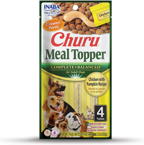 INABA Churu Meal Topper for Dogs, Complete & Balanced, Creamy, Lickable Purée Dog Food Topper, 0.5 Ounce Tube, 4 Tubes (4 per Pack) Chicken with P...