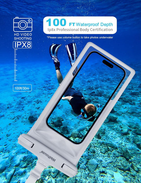 wellhouse Waterproof Phone Pouch, Waterproof Phone Case for iPhone 15 14 13 12 Pro Max XS Samsung, IPX8 3D Cellphone Dry Bag Beach Essentials -Whi...