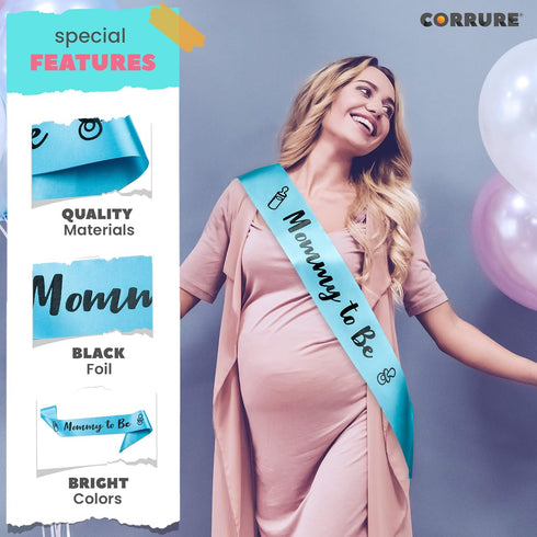 CORRURE Baby Shower Sash for Boy - 'Mommy to Be' Sash With Beautiful Blue Ribbon and Black Foil Text - Ideal Gender Reveal, Baby Shower, Welcome B...