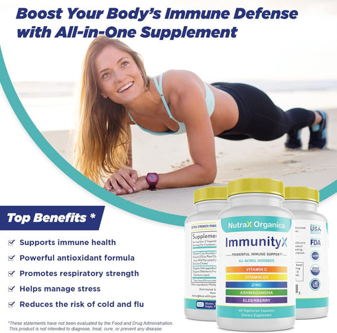 All-in-One Organic Immune Support Supplement 60 Vegan Capsules - Elderberry 500mg, Ashwagandha 500mg, 400mg Vitamin C and Zinc - Vitamin D3 - Immu...