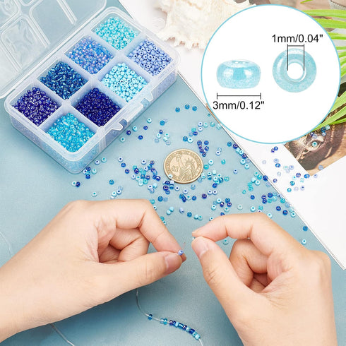 PH PandaHall 3600pcs 3mm Seed Beads, 8/0 Blue Waist Beads 8 Colors Ocean Sea Blue Friendship Craft Beads Small Pony Bead Mini Spacer Bead for Frie...